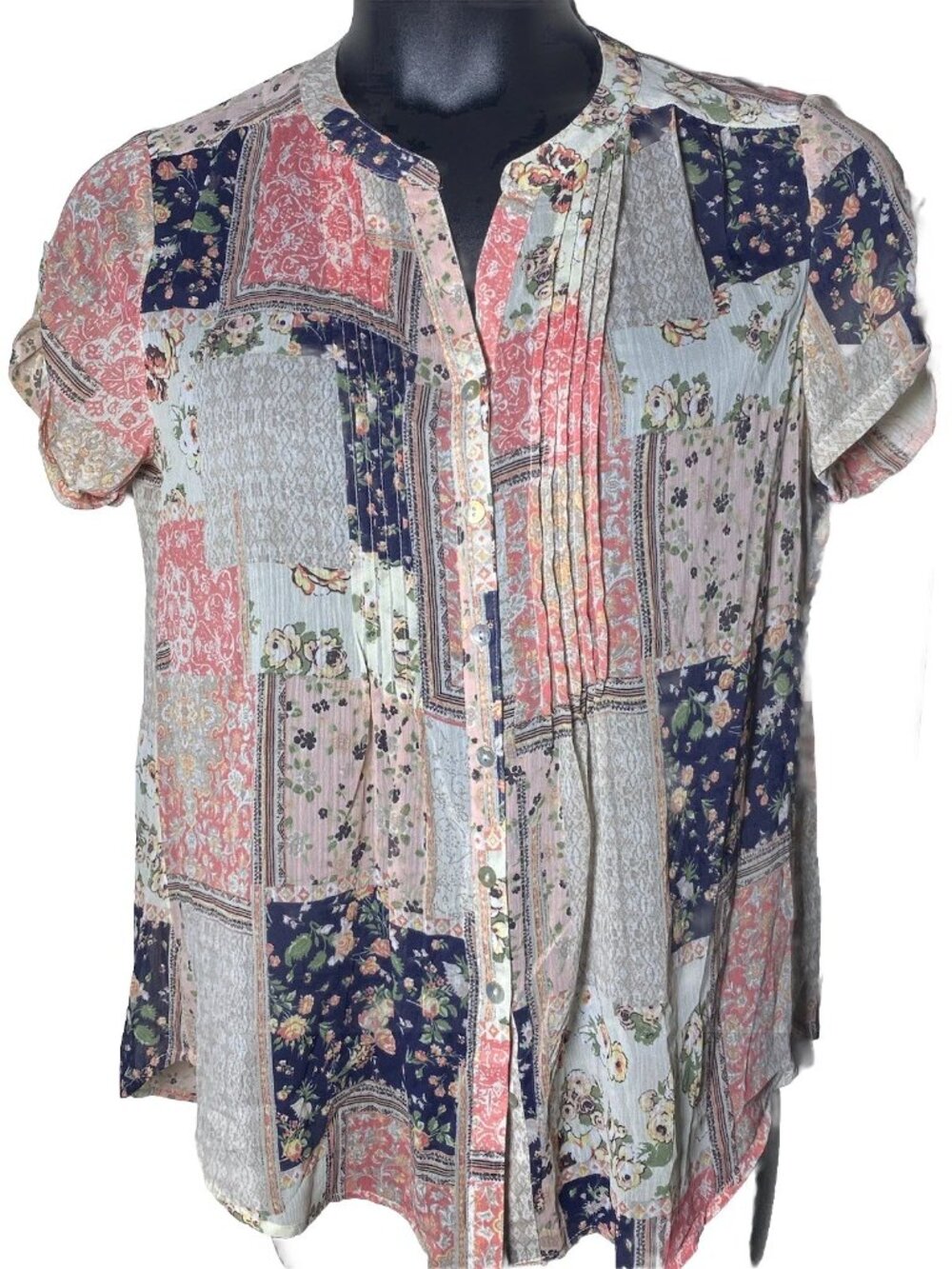 Sara Michelle Sheer Patchwork Sz Medium Short Roll Tab Sleeve Blouse MOP Buttons